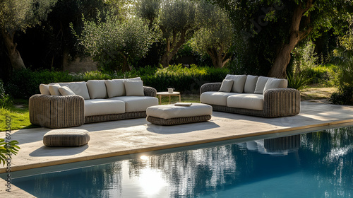 Modern patio furniture set with two sofas, coffee table, and ottoman, set by a swimming pool.