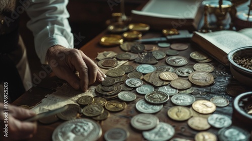 An antique shopkeeper's desk with old coins like French 50 centimes and U.S double Eagles. Vintage items, silver coins, and a 100 Francs note add to the nostalgic atmosphere. photo