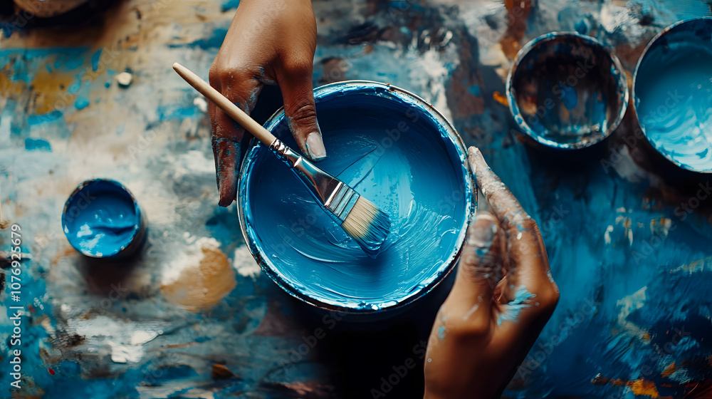Obraz premium Close-Up View of Hands Holding a Brush and Mixing Bright Blue Paint in a Bowl Surrounded by Colorful Art Supplies on a Stained Table Surface
