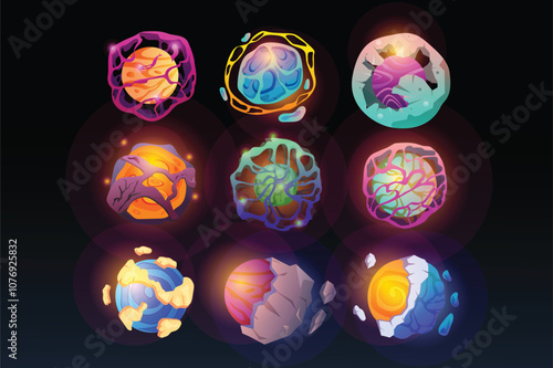 This image showcases a collection of nine unique, colorful planet illustrations. Vector illustration