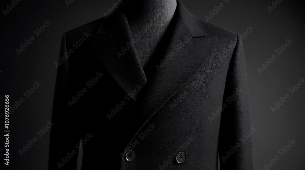 A sleek black coat displayed on a mannequin against a dark background, highlighting its elegance. A sleek black coat displayed on a mannequin against a dark background, highlighting its elegance.