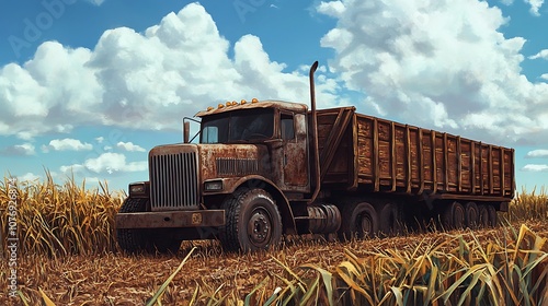 An empty sugarcane transport truck in the field waiting to be loaded with harvested crops photo