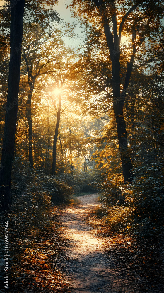 Fototapeta premium Sunbeams illuminate a path through a dense forest, with golden leaves on the ground and tall trees casting long shadows.