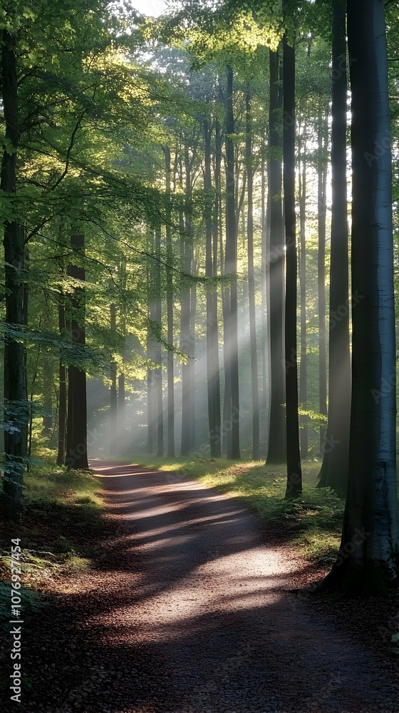 Obraz premium Sunbeams illuminate a path through a misty forest.