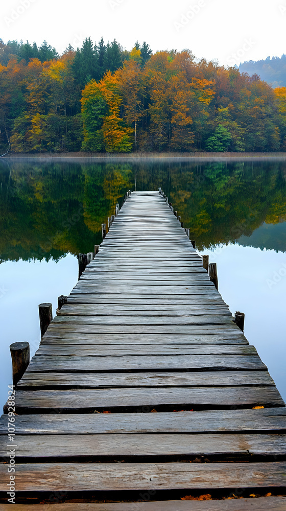Naklejka premium Wooden pier extending into a still lake with autumn trees in the background.