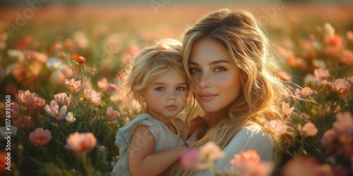 Florally Framed Motherhood. A mother and child's loving embrace, set against a backdrop of vibrant, natural elements. photo