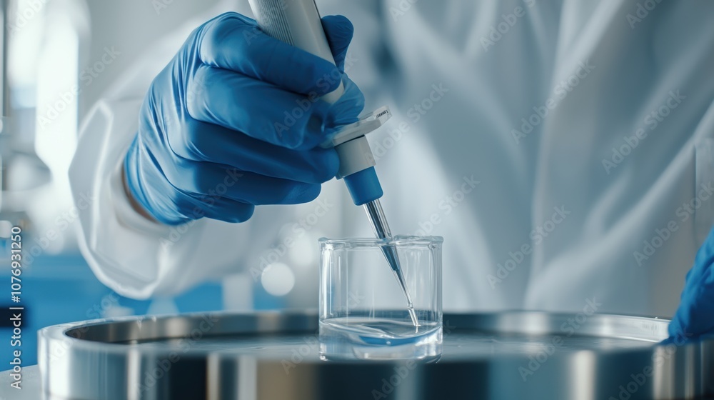 Fototapeta premium A scientist in a lab uses a pipette to transfer liquid into a glass container, wearing blue gloves and a white lab coat.