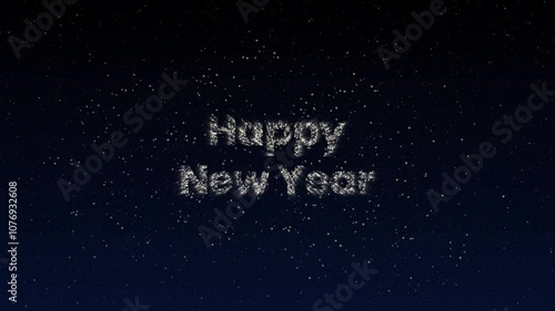 Animation of Happy New Year text sparkling with festive fireworks against a starry night sky background