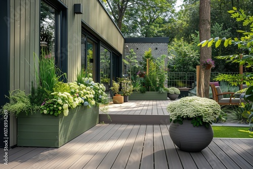 A large contemporary terrace with light-colored wood and an abundance of internal and outdoor plants and space for textual use, Generative AI.