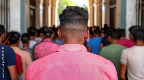 A young man stands with his back to a crowd, Immigration office processing residency applications, verifying legal status, ensuring proper documentation