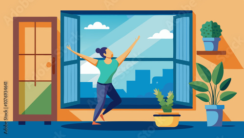 A woman is doing yoga in a room with a window