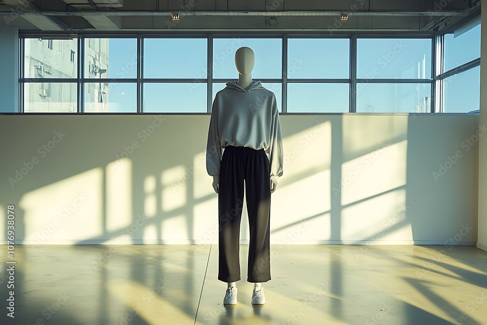 Fototapeta premium A mannequin dressed in casual attire stands in a sunlit, minimalist space with shadows.