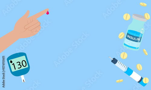 Diabetes Management Illustration with Glucometer, Insulin, and Medication