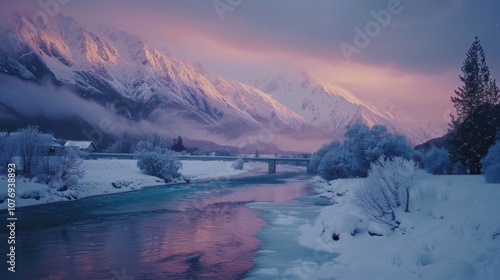 Serene Winter River Landscape: A tranquil winter scene unfolds, showcasing a serene river flowing through a snow-covered valley, framed by majestic mountains bathed in the soft hues of sunrise. photo