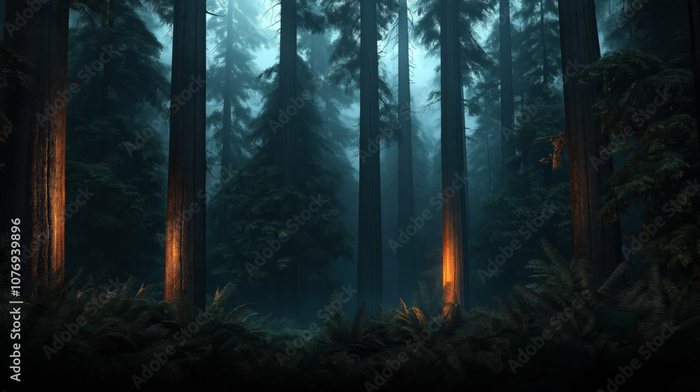 Dense misty forest with tall trees and illuminated foliage in a ...