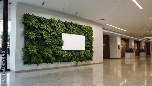 Mockup Large blank horizontal billboard on the wall with green leaves, Empty space for Advertising