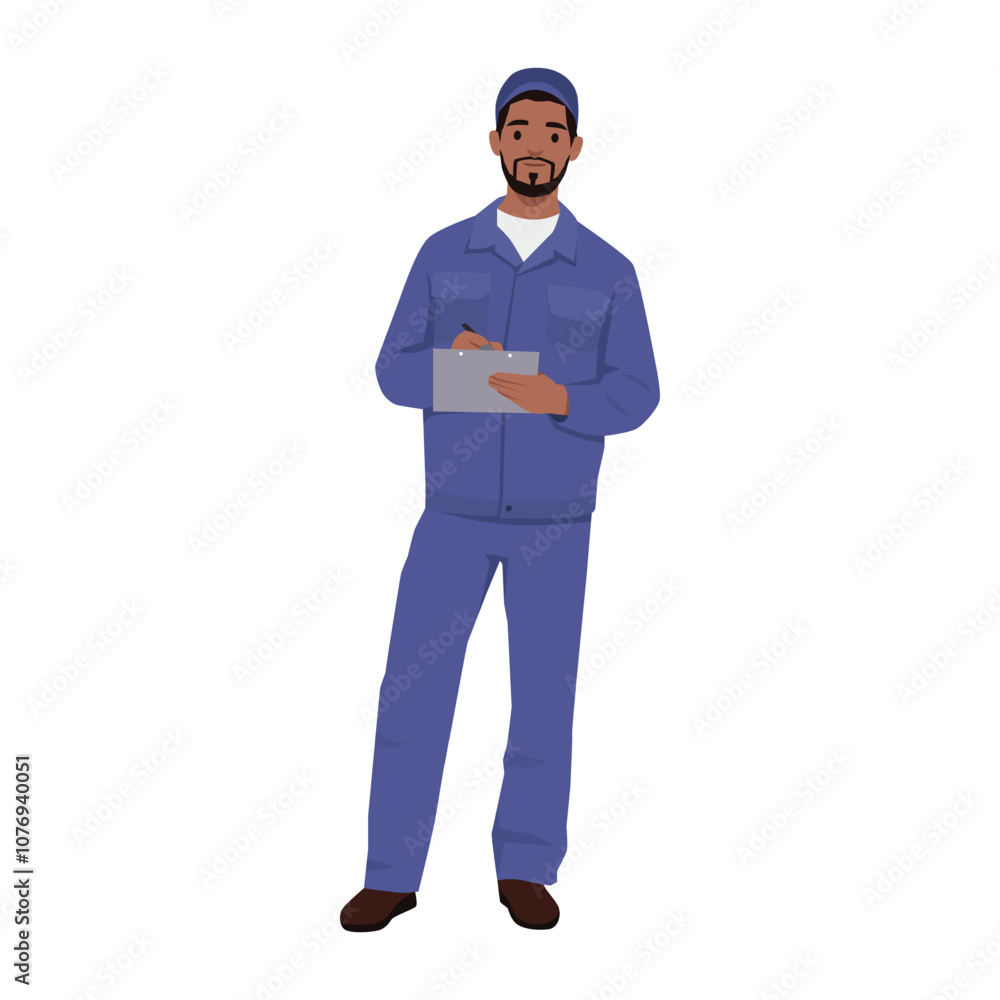 Auto mechanic worker in a uniform standing and writing a document. Flat vector illustration isolated on white background Auto mechanic worker in a uniform standing and writing a document. Flat vector illustration isolated on white background