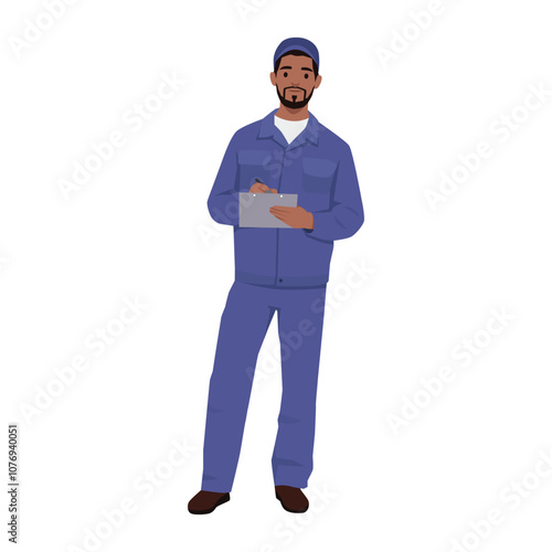 Auto mechanic worker in a uniform standing and writing a document. Flat vector illustration isolated on white background