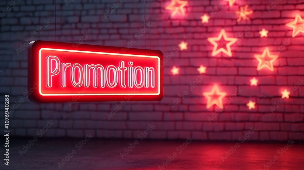 Fototapeta premium Festive Neon Promotion Sign with Sparkling Stars in Christmas Background
