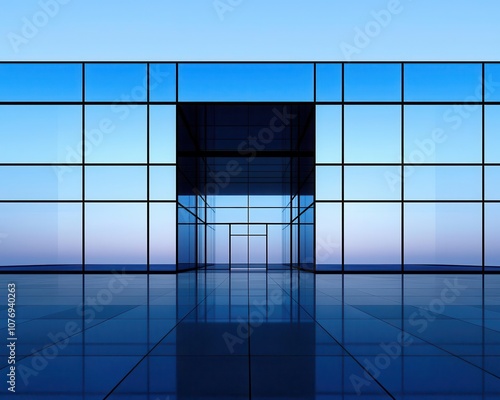 Entrance of threestory commercial building, building located at road intersection, The the building consists of several separate glass boxes Generative AI photo