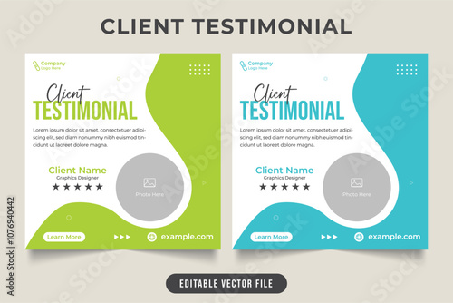 Client testimonial and review section template with light green and light blue color. Creative client testimonial vector for website comment. Customer review section with a photo placeholder.