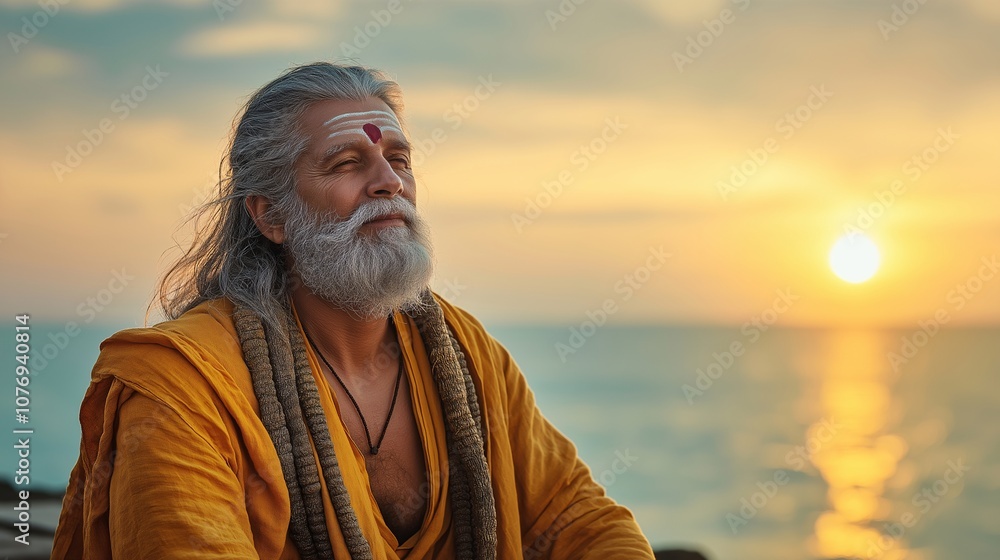 Fototapeta premium Peaceful Indian Sadhu Meditating by the Seashore at Sunset, Embracing Spirituality and Inner Harmony with Nature's Beauty Surrounding Him