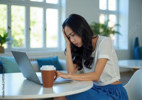 Free Download Frustrated Asian Woman With Long Black Hair Reaching Her Limit While Working on Laptop at Modern Table In Bright Room - GFXLoad