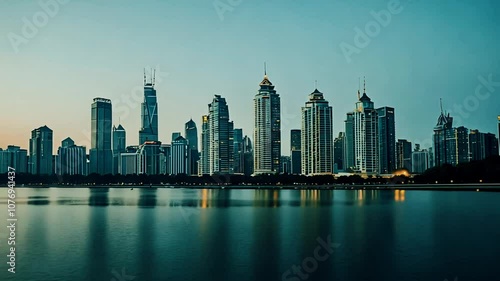 Wallpaper Mural A cityscape with modern skyscrapers reflected in the water at sunset. Torontodigital.ca