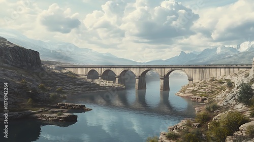 A wide shot of a dam's bridge that crosses over the water, connecting both sides of a river or valley photo