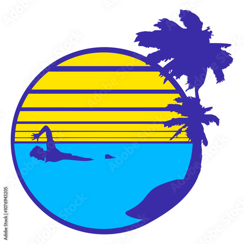 Swimming Man Palm Trees Beach Stripes Sea Trip Fun Beach Vacation South Seas Tropical Warm Weather Caribbean Nature Lover Summer Holiday Life Isolated T-Shirt Poster Sticker Print Illustration Design