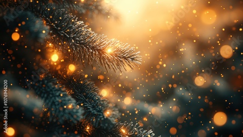 Wallpaper Mural Christmas tree branch, soft bokeh lights, warm golden glow, festive atmosphere, close-up, shallow depth of field, evergreen needles, blurred background. Christmas tree with lights. High Quality Image Torontodigital.ca