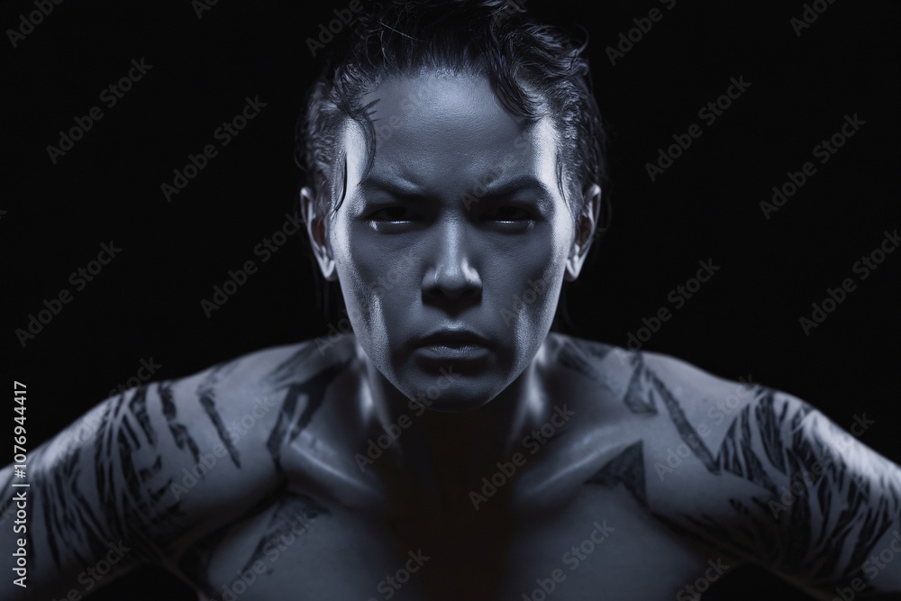 Fototapeta premium Unbreakable Determination: A woman's piercing gaze, framed by intricate body art, speaks volumes about resilience, strength, and an indomitable spirit.
