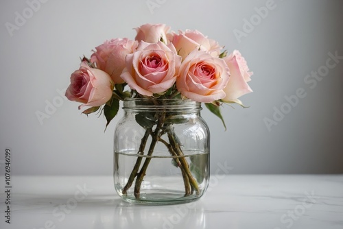 Pink roses in a glass jar on the white table on the background white wall