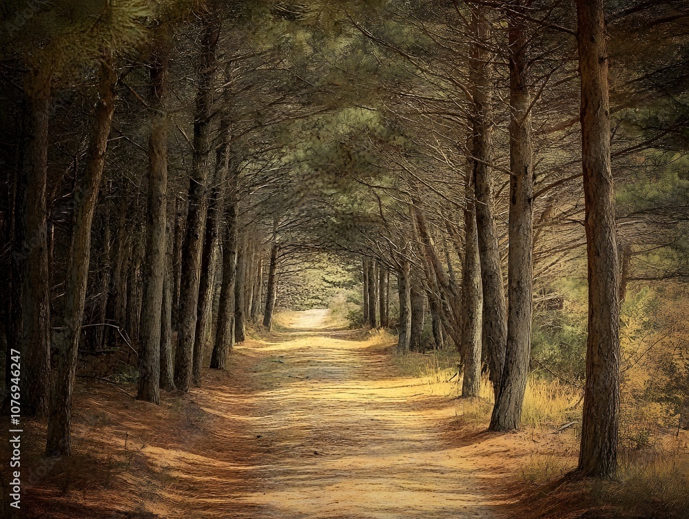 Fototapeta premium Pathway through pine forest park, inviting and serene for a stroll