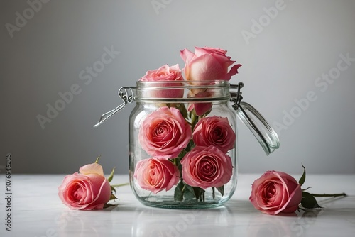 Pink roses in a glass jar on the white table on the background white wall