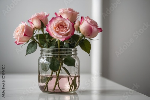 Pink roses in a glass jar on the white table on the background white wall