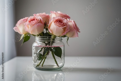 Pink roses in a glass jar on the white table on the background white wall