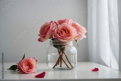 Pink roses in a glass jar on the white table on the background white wall
