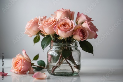 Pink roses in a glass jar on the white table on the background white wall
