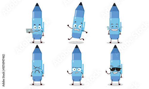 funny blue pen character with many pose activity design illustration