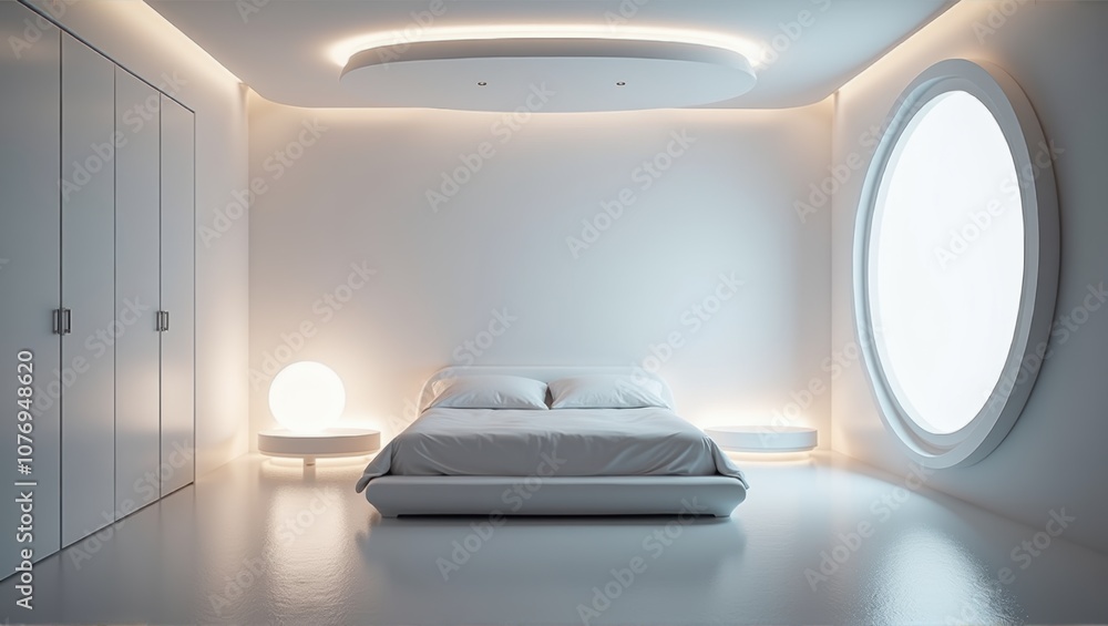 Modern minimalist bedroom interior with white furniture, large round window, and soft lighting. Generative, AI, Modern minimalist bedroom interior with white furniture, large round window, and soft lighting. Generative, AI,