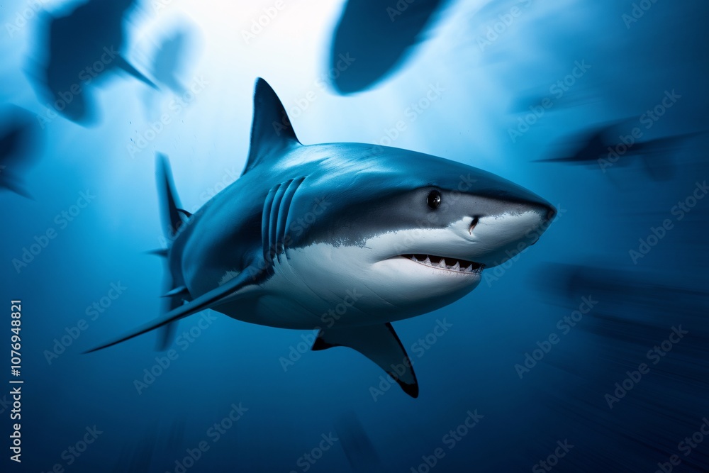 Naklejka premium Majestic Great White Shark Underwater: A powerful great white shark glides through the deep blue ocean, surrounded by a school of smaller fish.