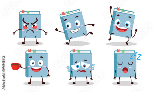 funny blue book character with various pose activity design illustration