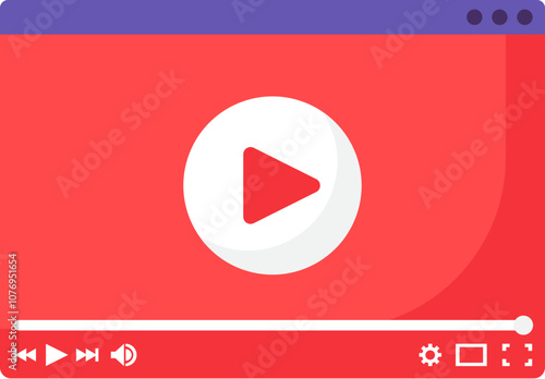 Video player screen monitor in web browser icon. Video play button with scroll bar and image controls and settings element. Simple flat vector isolated on white background