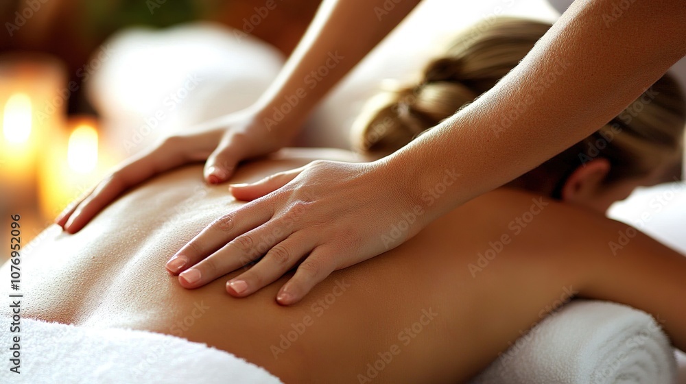 Naklejka premium Massage therapist giving a back massage in serene spa room