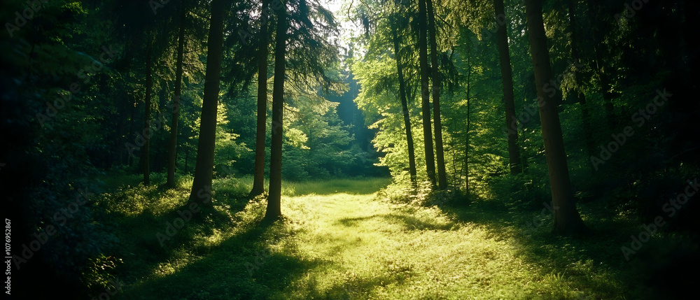 Obraz premium Sunlight streams through the trees in a lush green forest, illuminating a path through the woods.