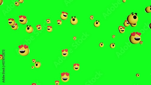 Social Media Emojis heart eyes and wow icons flying up 3D animation in 60 fps on green screen ready to keying in after effects