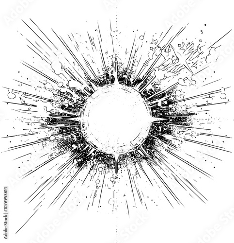 Abstract monochrome explosion with radiating lines, symbolizing energy and cosmic forces in a dynamic graphic style.