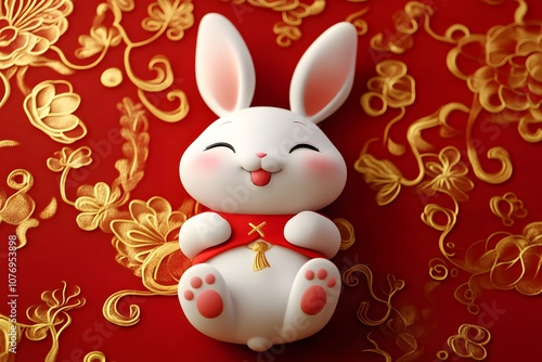 Cute rabbit celebrating Chinese New Year on a red background with copy space, festive illustration symbolizing luck, prosperity, zodiac sign, and traditional holiday celebration