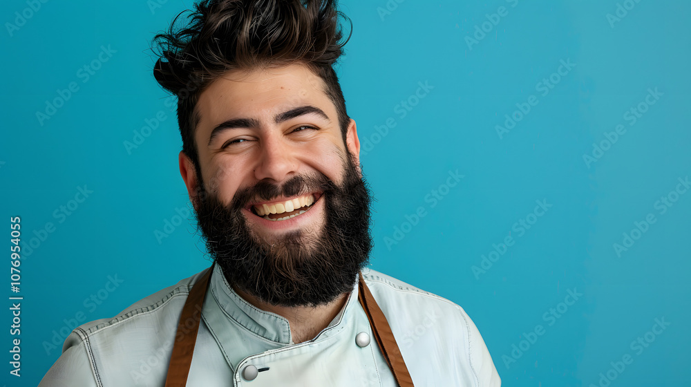 Fototapeta premium happy confident caucasian male cook with beard, housekeeper chef baker, isolated on studio background, concept for cooking and restaurants